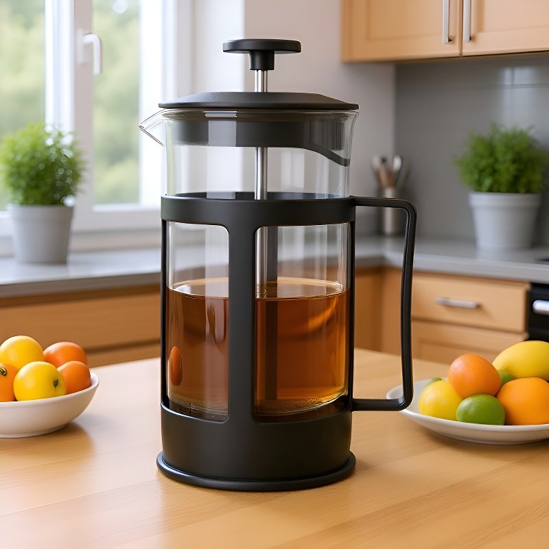 Coffee maker with stainless steel filter, tea maker, heat and cold resistant French press.
