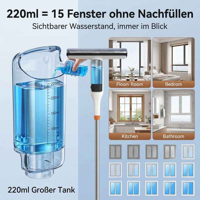 Effizientes Fensterreinigungsset mit Wasserstrahl (inklusive Ersatzbezügen und Abziehern)