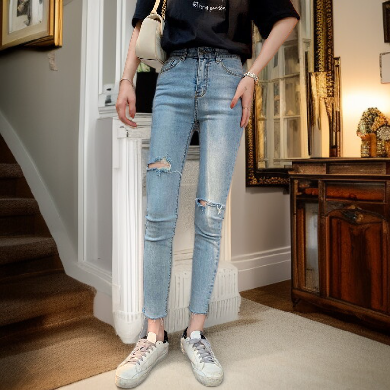 ファッションホールジーンズスリムストレッチタイトペンシルパンツレディースライトカラーレギンス