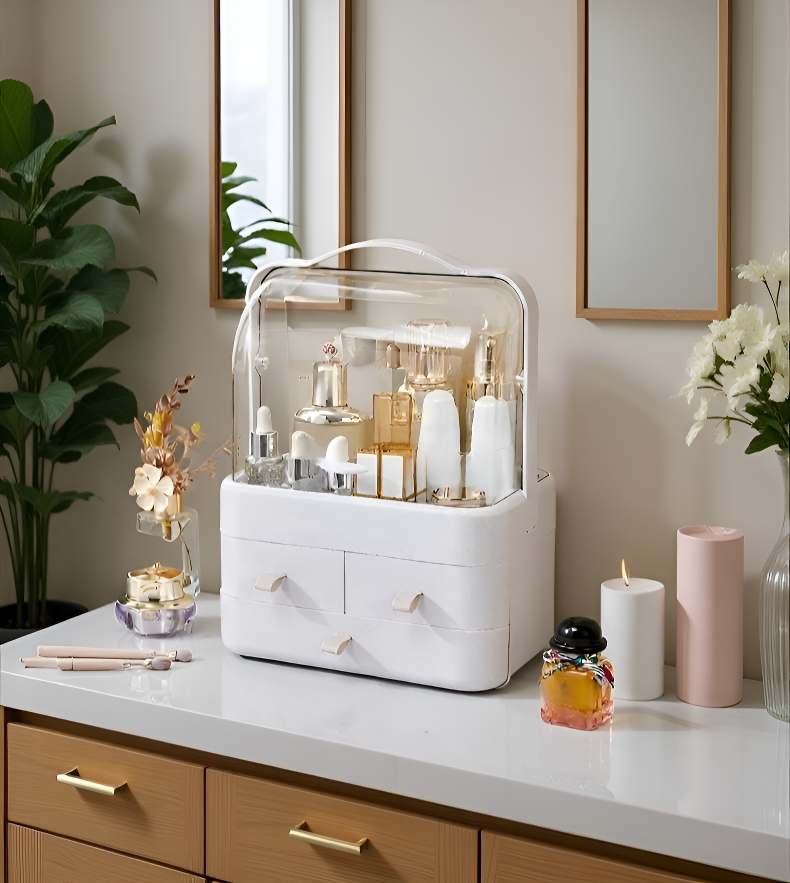 여러 칸으로 나뉜 화장품 수납함