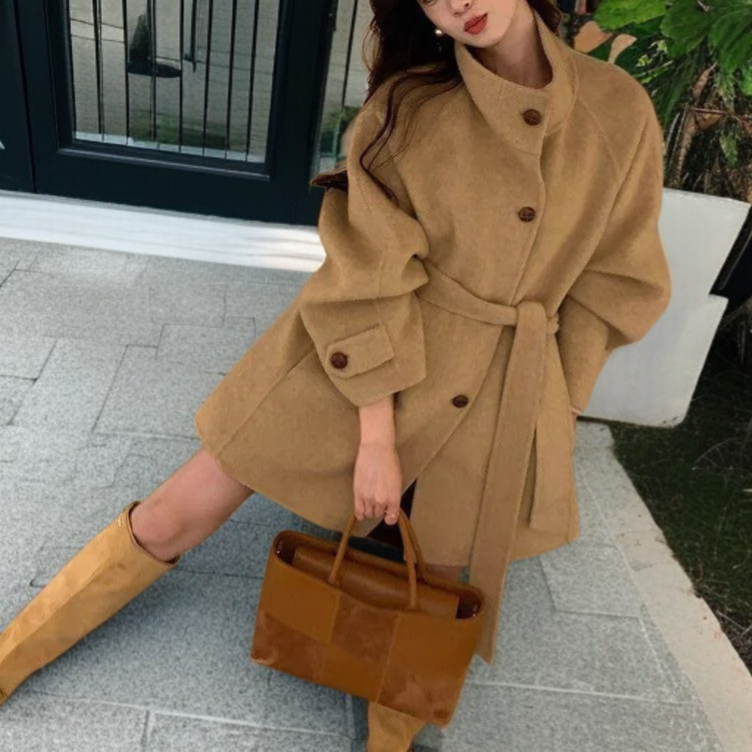 키 작은 가을 겨울 루즈핏 모직 코트 차이나 모직 코트 나른한 모직 코트