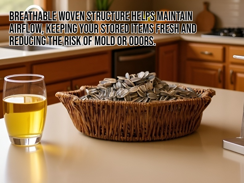 Octagonal rattan kitchen storage basket on countertop