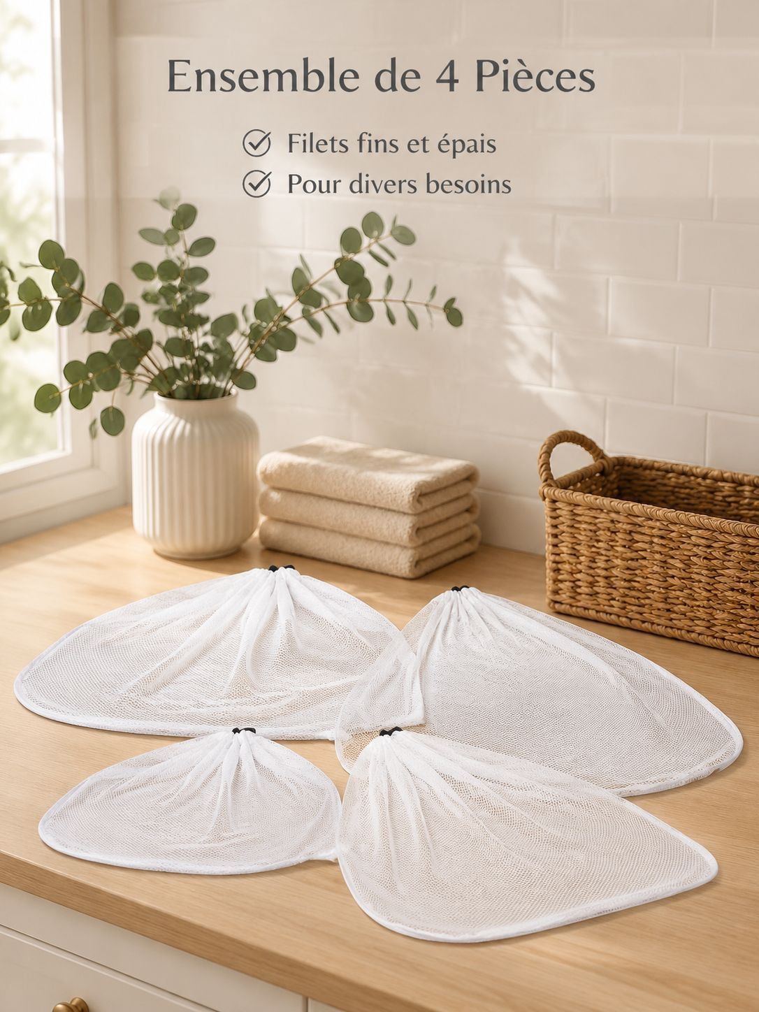 Ensemble de 4 sacs à linge renforcés anti-déformation, filet fin et épais à cordon