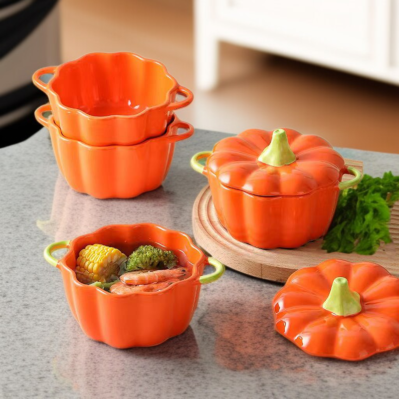 Calabaza con tapa y dos asas, cuenco de cerámica para sopa y arroz, color bajo vidriado