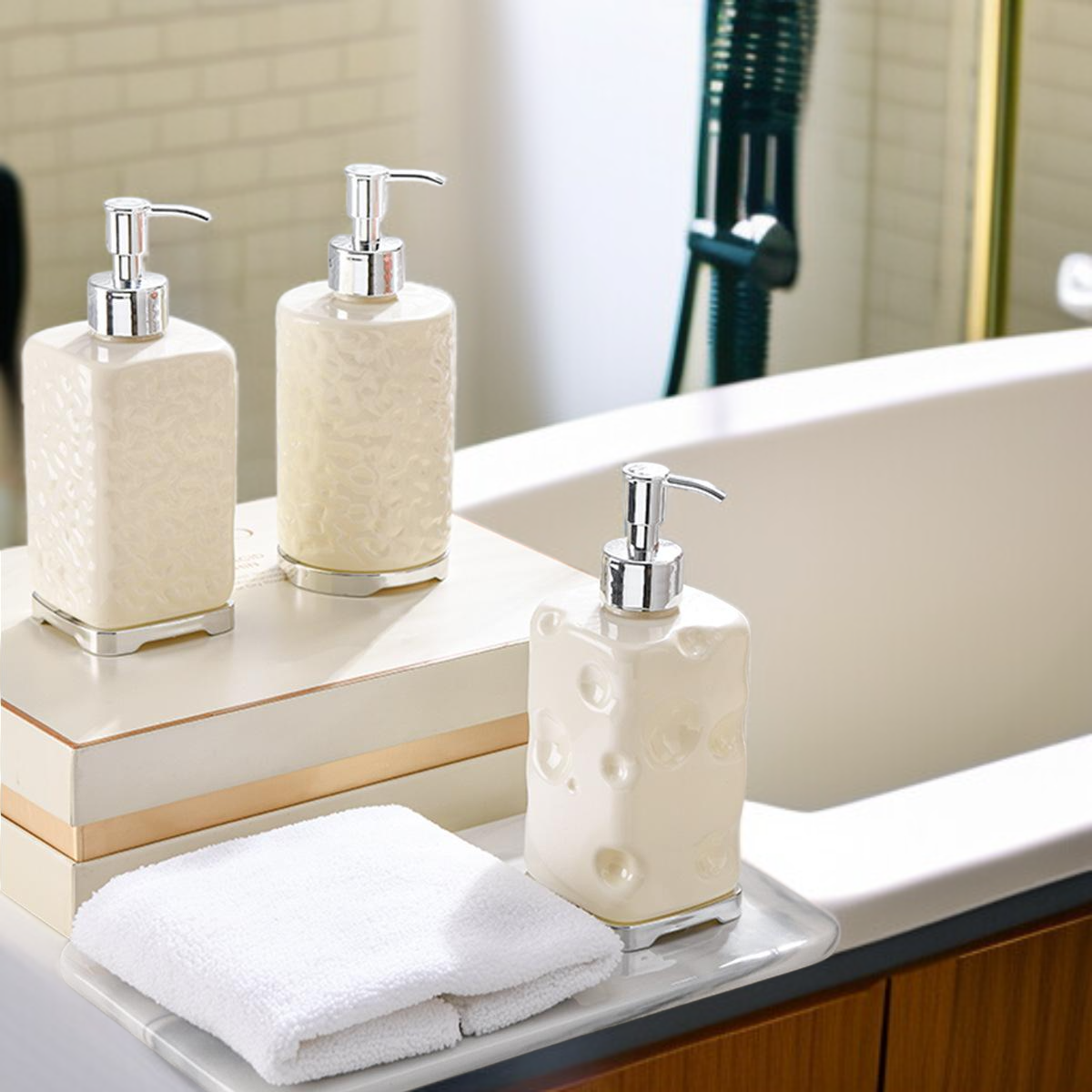 Minimalist and sophisticated bathroom hand soap and shower gel dispenser bottles