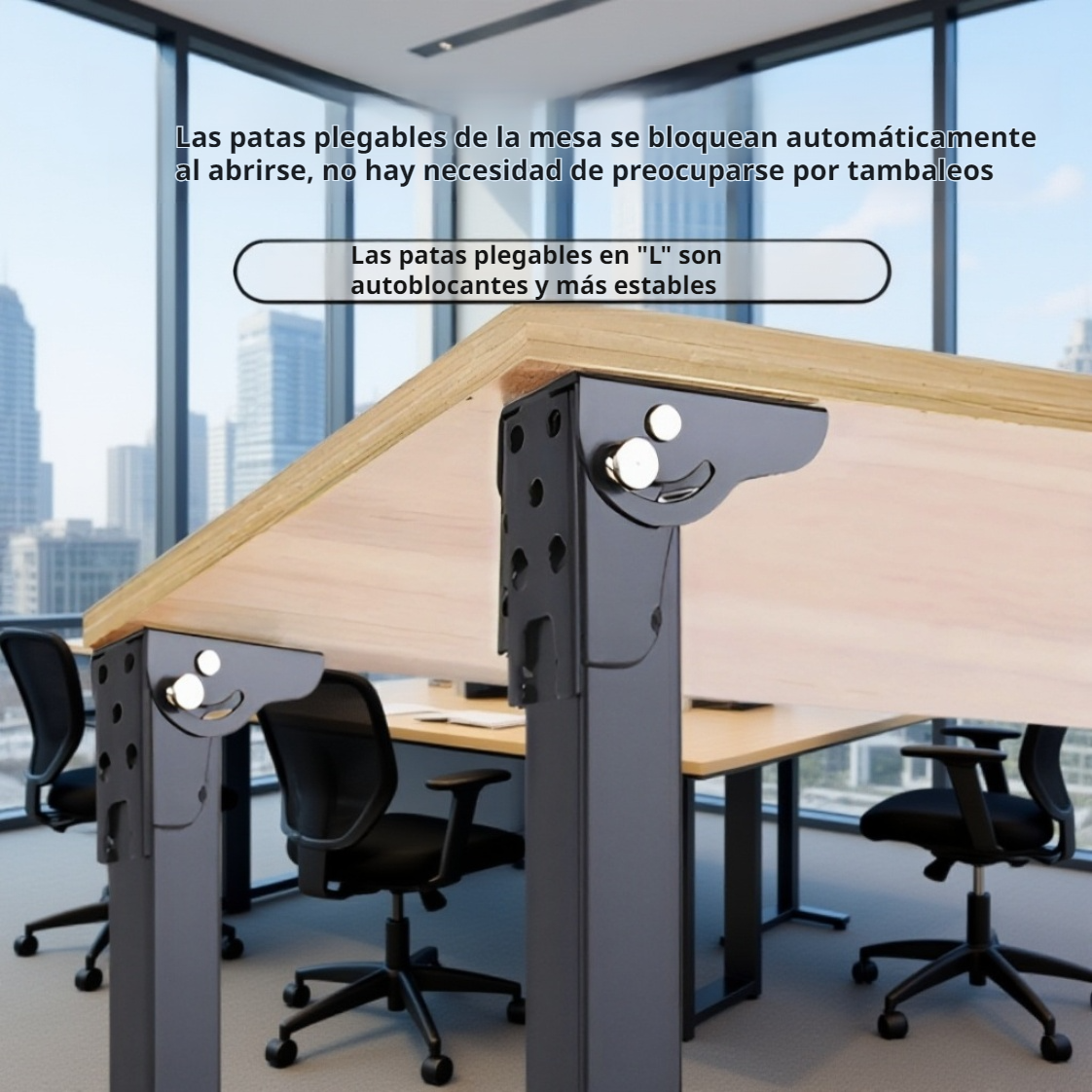 Mesa plegable con patas de soporte abatibles 90° en posición desplegada