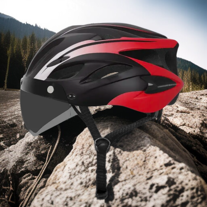 Leichter In-Mold Fahrradhelm mit integrierter Schutzbrille und Rücklicht für Damen und Herren