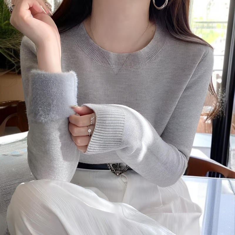 2025年冬新作：フリース裏地、極暖セーター、厚手フリースクルーネックプルオーバー、暖かいニットウェア、ベースレイヤー、秋冬レディーストップス、寒い天候の解決策