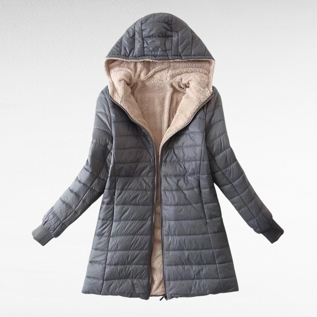 レディース厚手裏起毛フード付き中長コート スリム保温シープボア綿入りジャケット