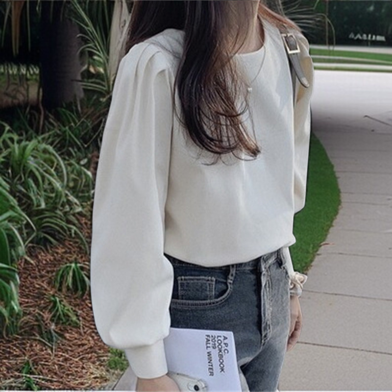 女性の秋の白い老化長袖シャツ緩い泡袖ブラウスヘイズブルー長袖シャツ