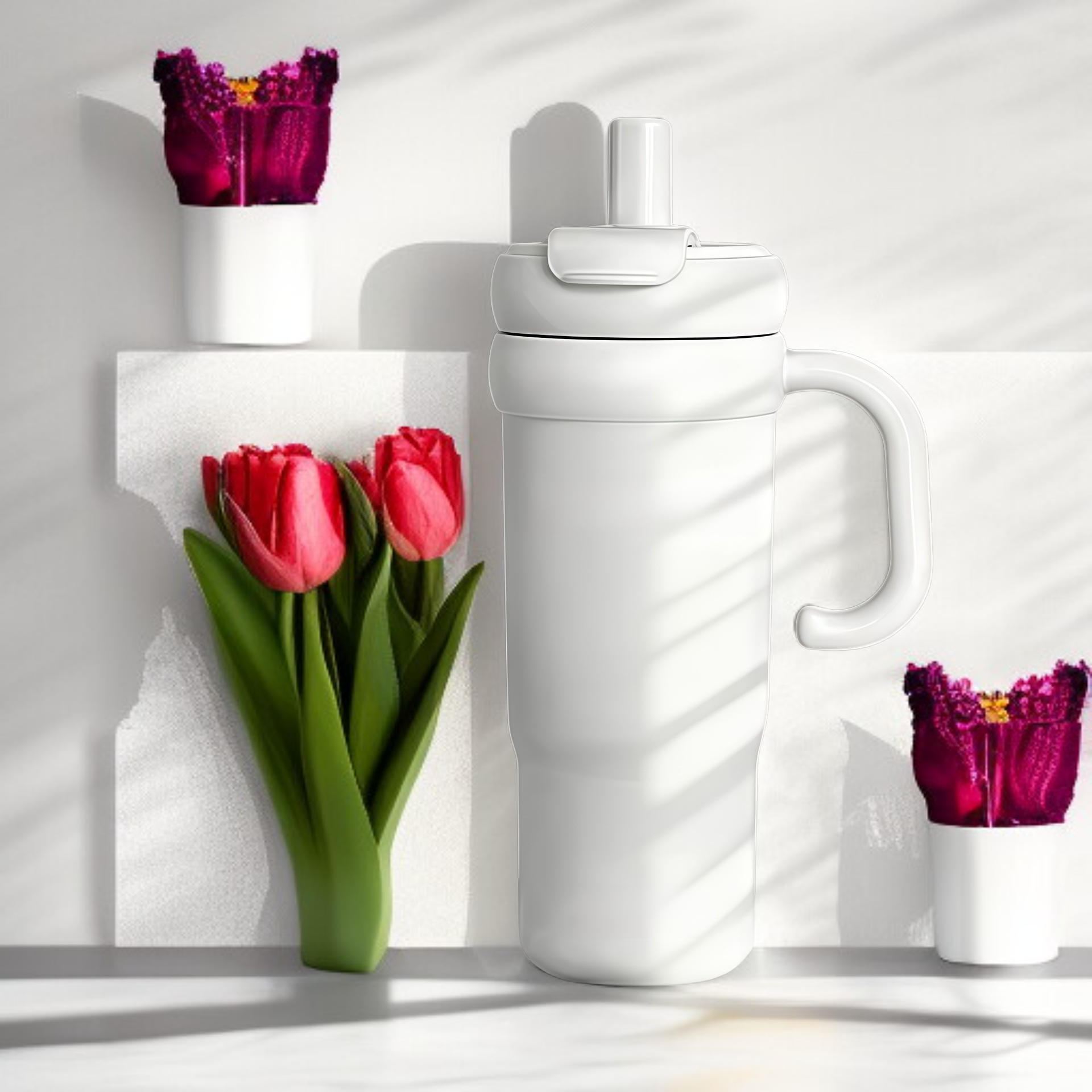 كوب معزول بمقبض وقشة، سعة كبيرة، كوب دوار