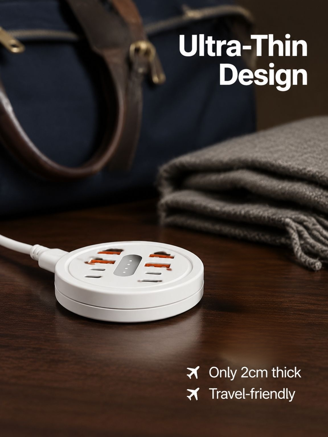 8-in-1 Round Portable Power Strip with USB & Type-C Fast Charging Adapters