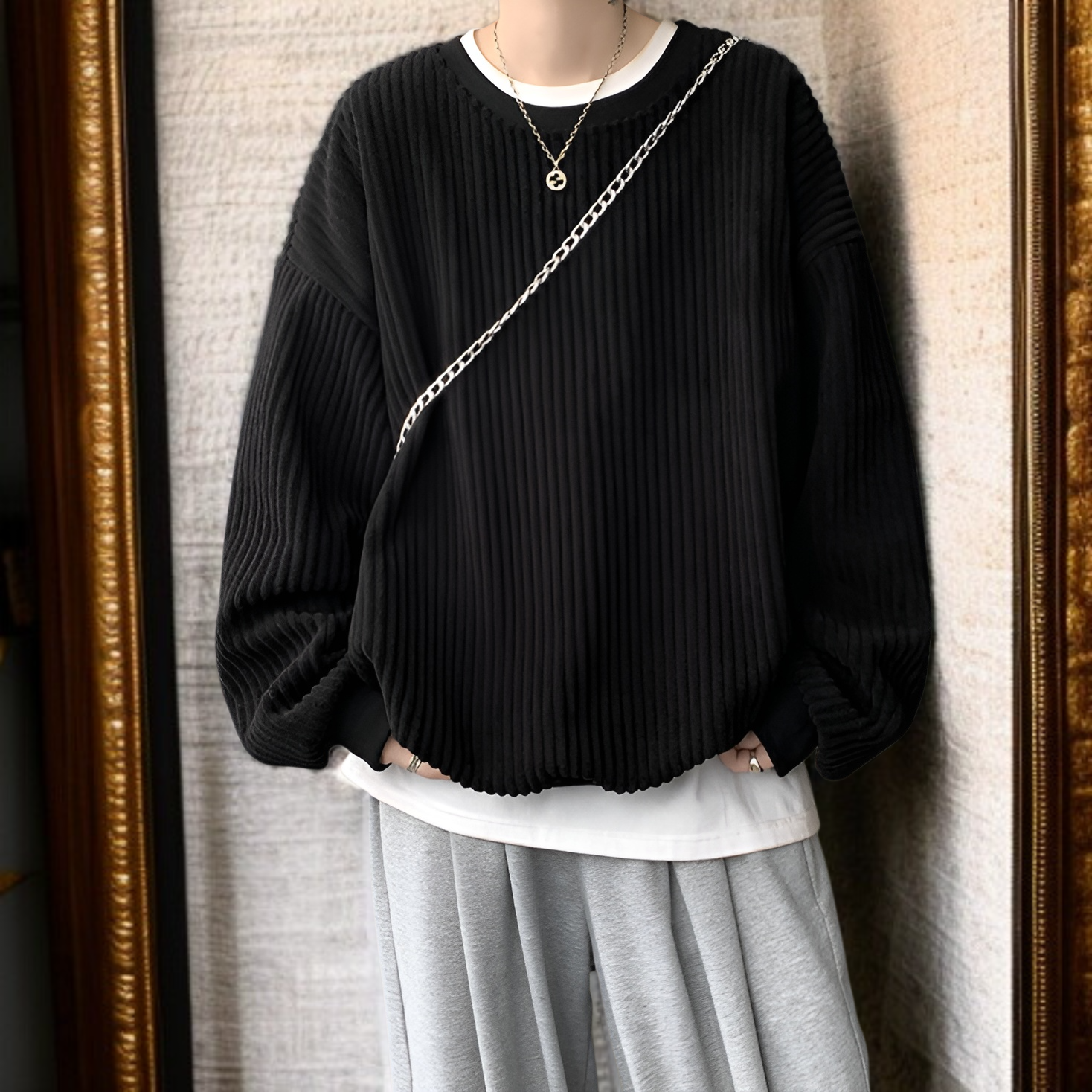 新しいメンズカジュアルスウェットシャツ 和風コーデュロイ ラウンドネック スウェットシャツ プラスベルベット 厚手スウェットシャツ メンズジャケット