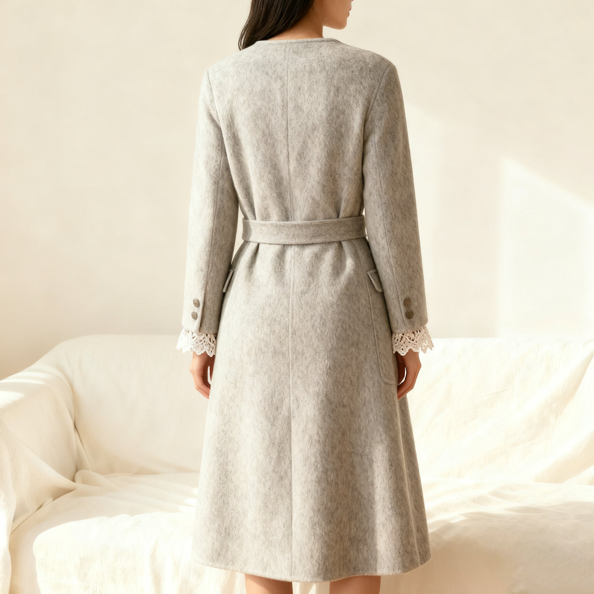 レース袖のウエストベルトコート