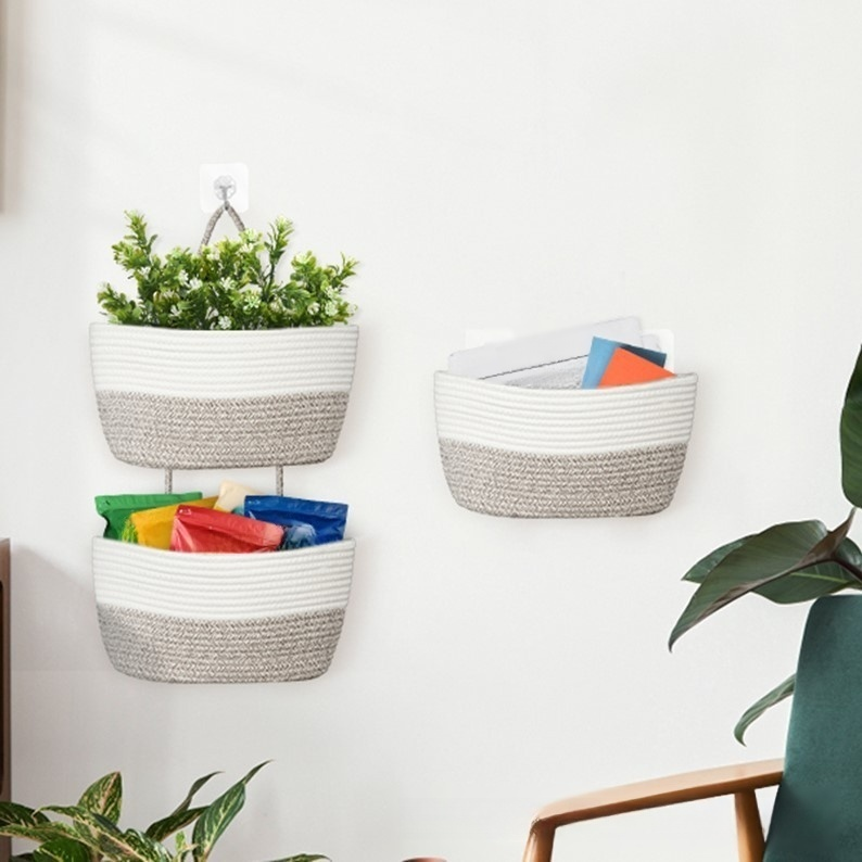 三層掛籃棉繩編織收納筐