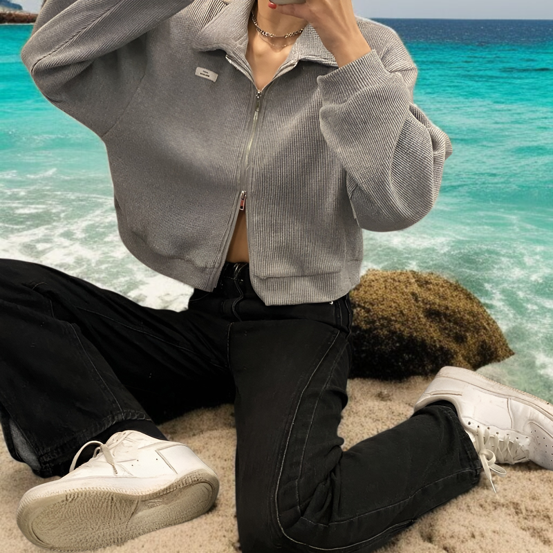 女性用ジッパー付きスポーツワッフルジャケット、春と秋のスタイル、万能カーディガン、学生向けの新しいスタイル、ショートトップス