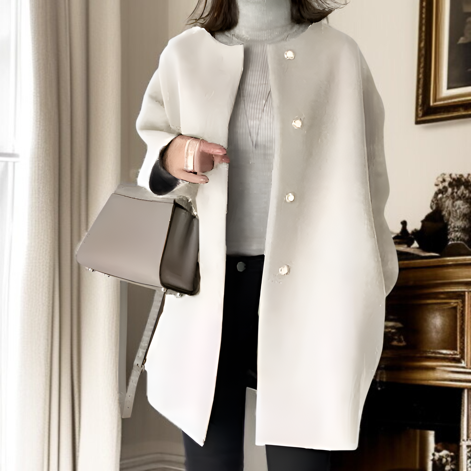 上質なゆったりとした和風ストレートカットコート、レディース、秋冬、上品な無地、シンプルなウールオーバーコート。