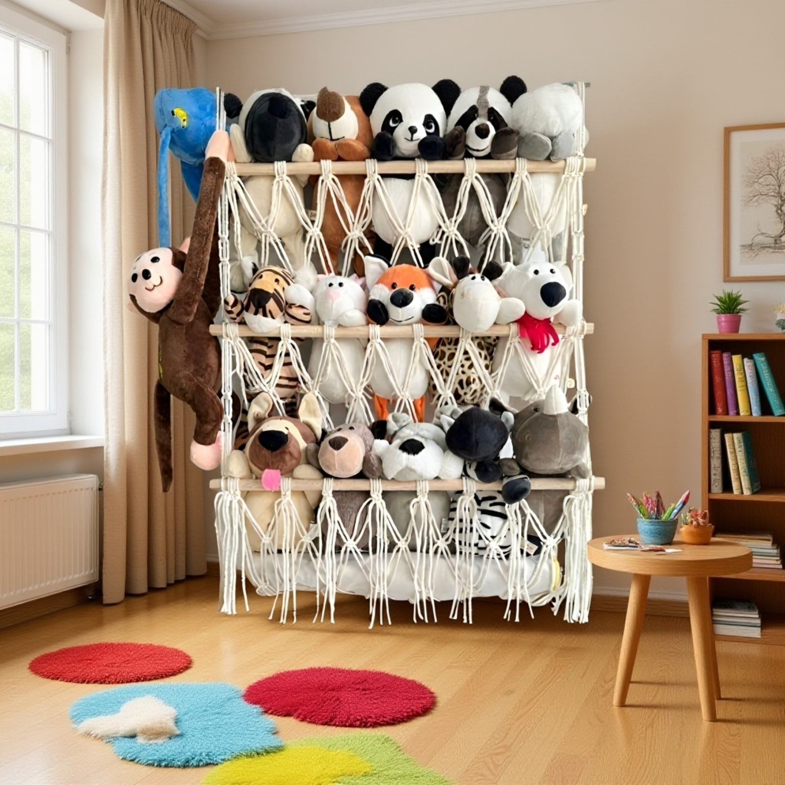 Wisząca siatka na zabawki z czterema drewnianymi poziomami 