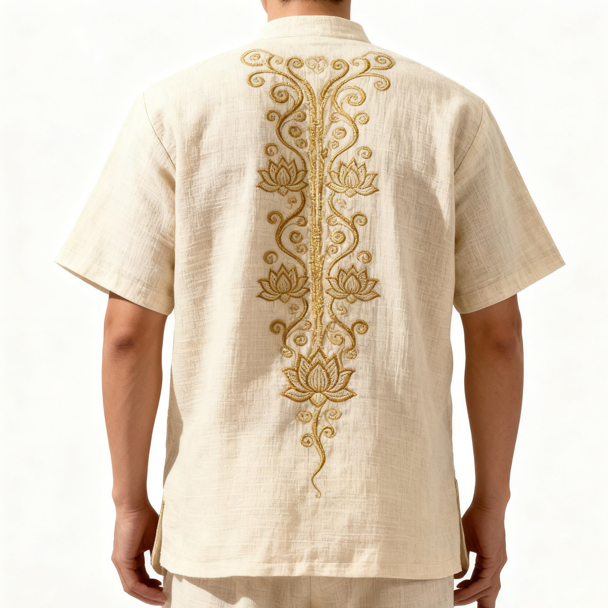 เสื้อยืดปักลายดอกบัวสำหรับผู้ชาย