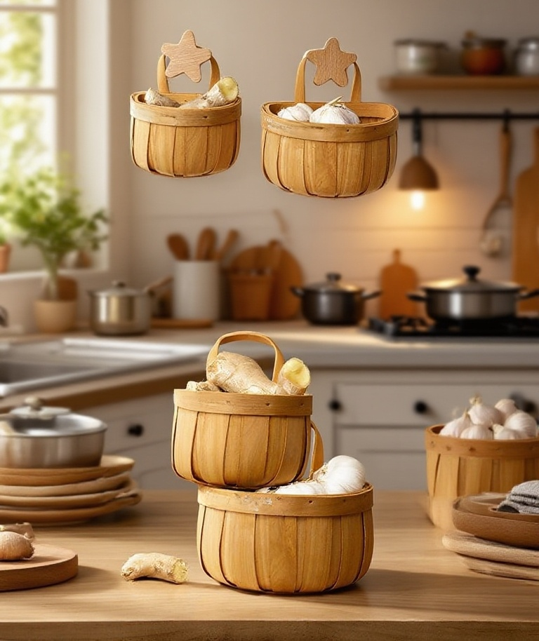 天然竹編壁掛收納筐廚房使用情境