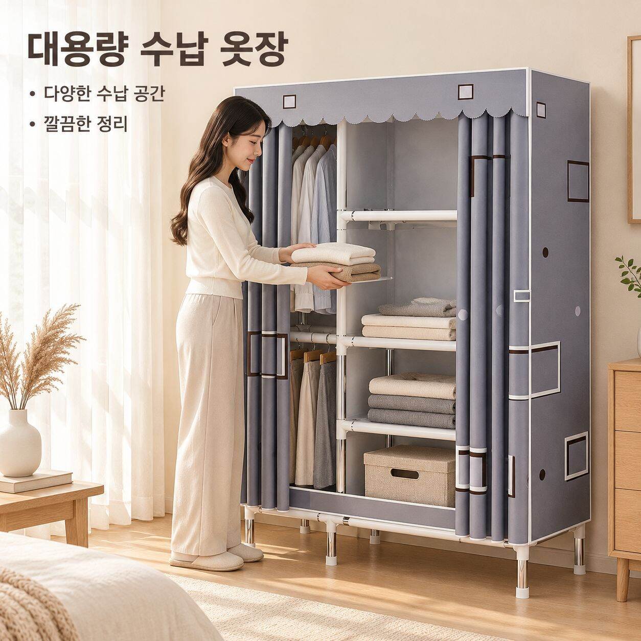 강화 및 보강된 올스틸 프레임의 가정용 간이 패브릭 옷장