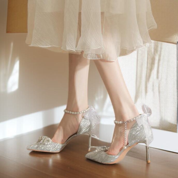 성인 신부 굽 낮은 힐 실버 크리스털 스틸레토 단화 스틸레토 힐 스니커즈