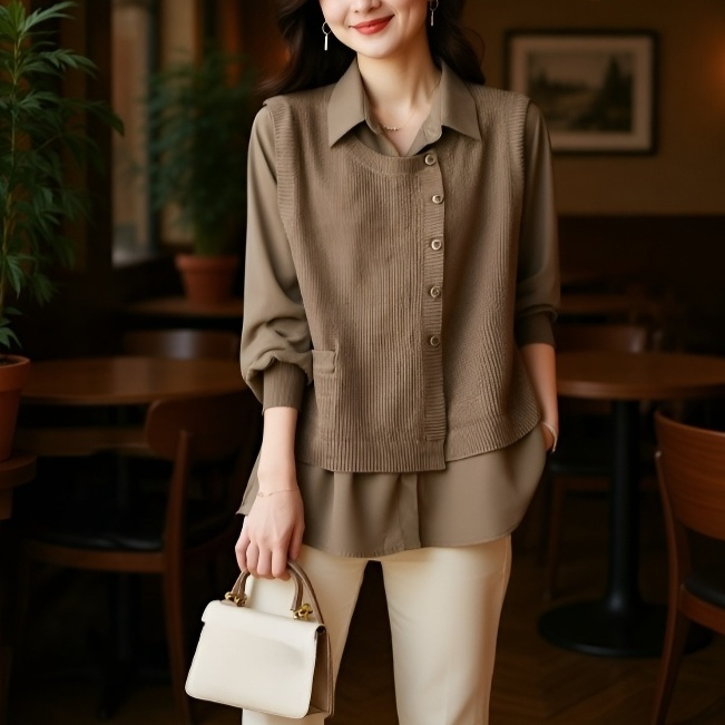 가을 여성 스웨터 페이크 투피스 고급스러운 스타일