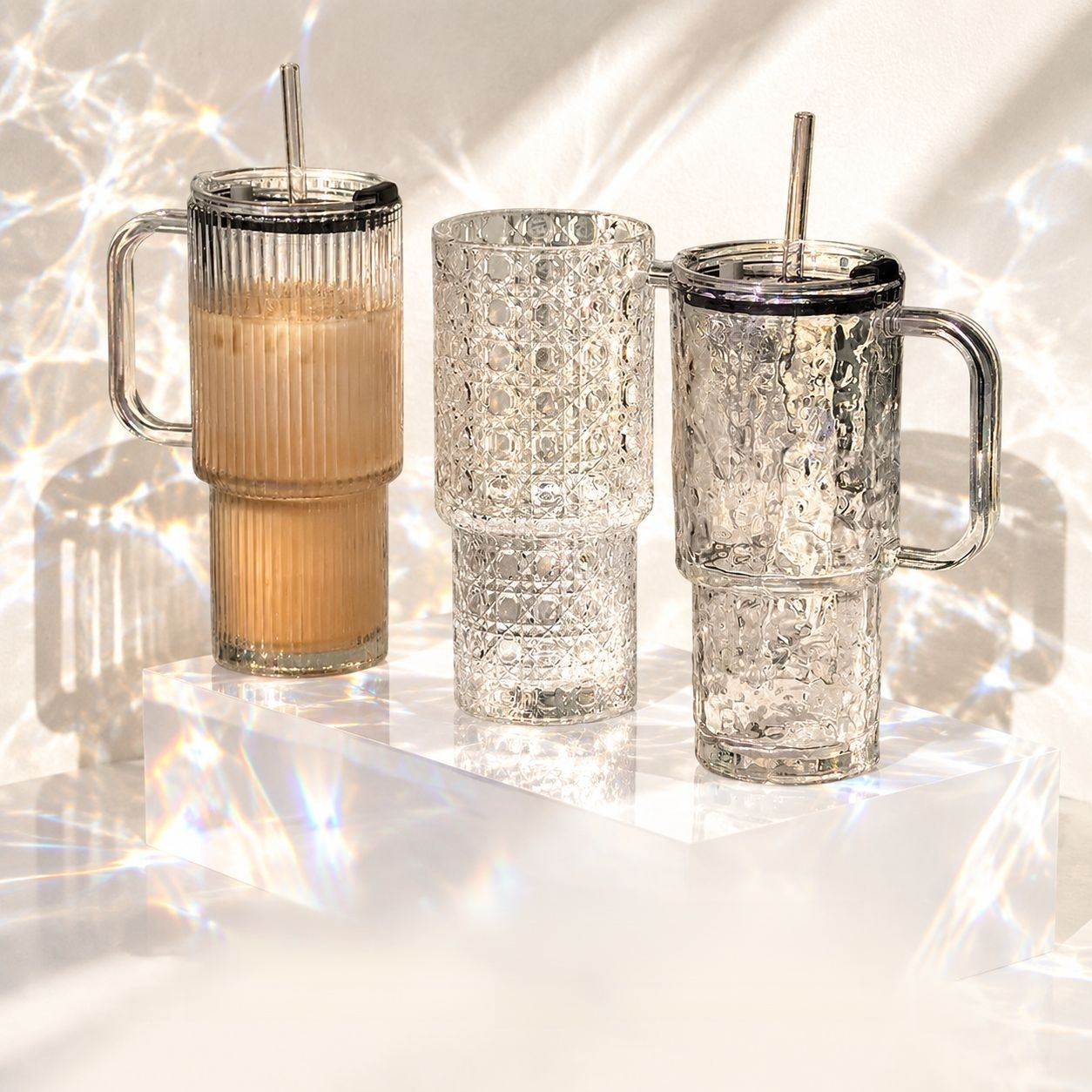 Portable Large Glass Cup with Straw and Handle