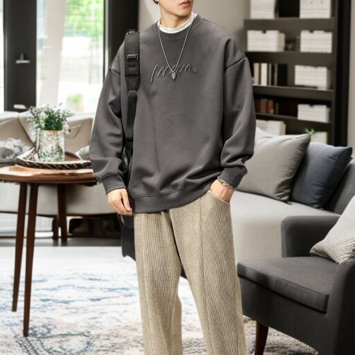 남자 오버사이즈 라운드 톱 자수 빈티지 맨투맨 상의 박시 라운드 빈티지 맨투맨