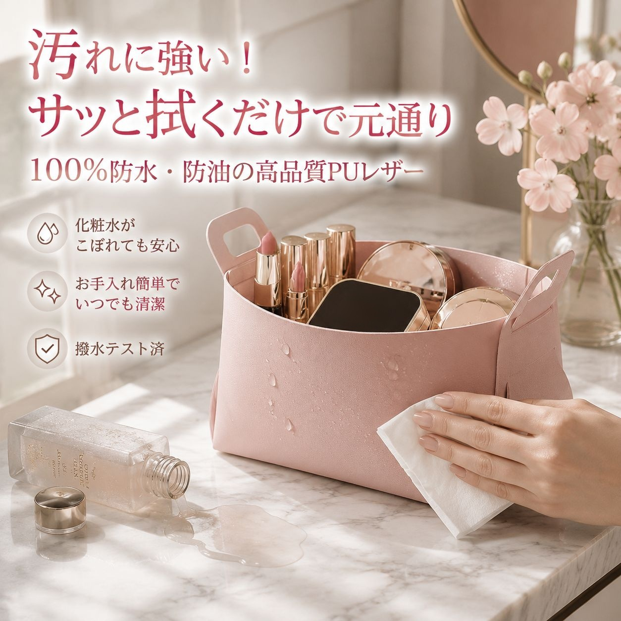 多機能折りたたみ人工皮革メイク収納バスケット
