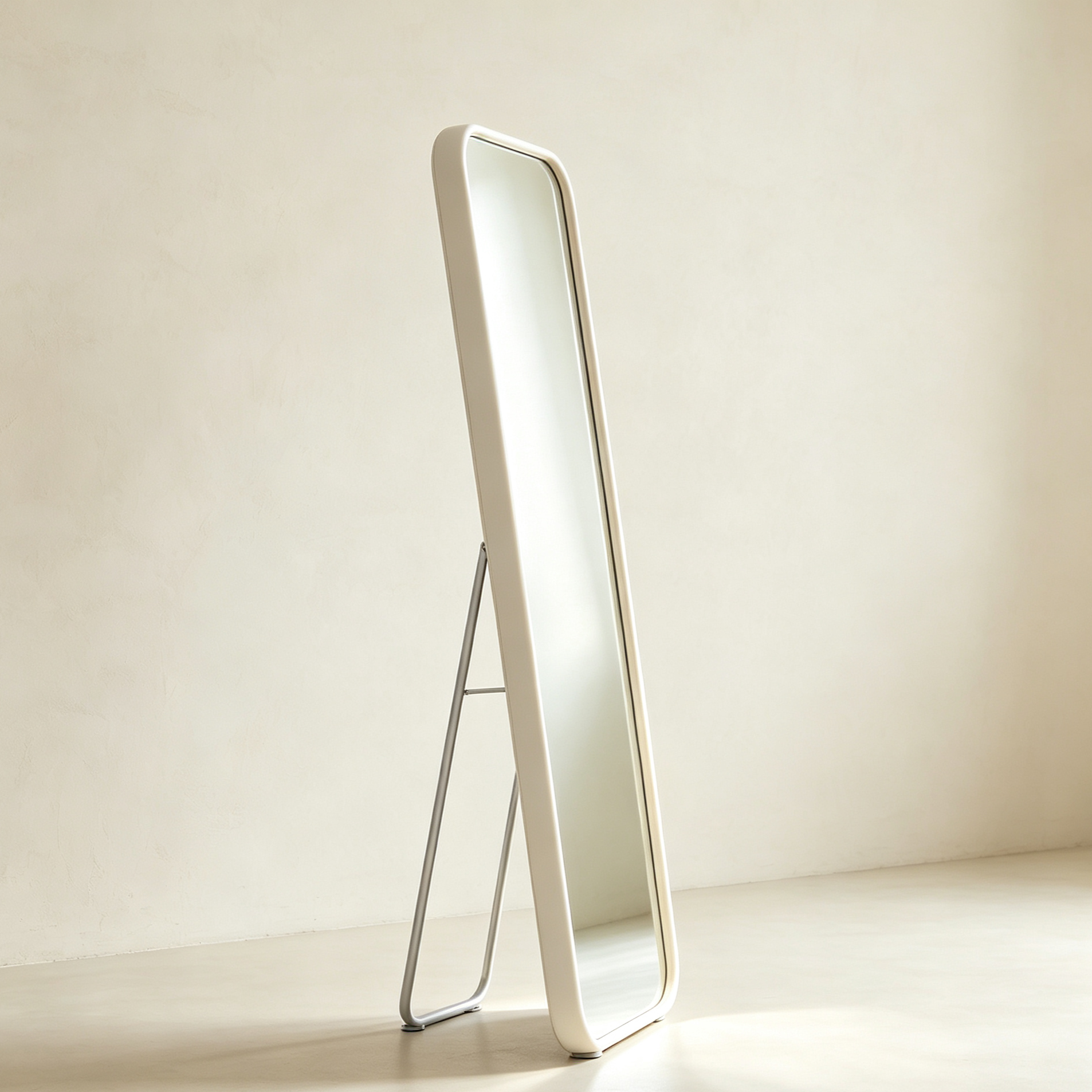 Full-length mirror with sleek frame leaning against a wall