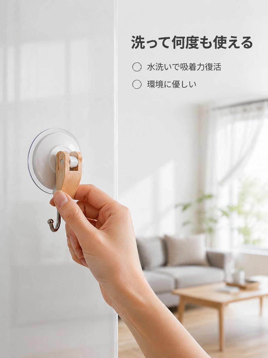 透明で目立たないデザインの吸着フック