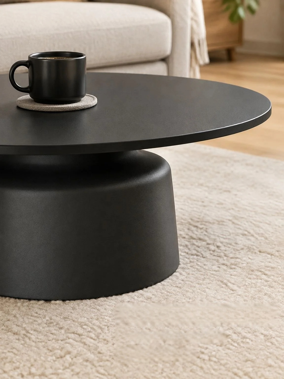 Iron art frame detail on a Nordic round coffee table