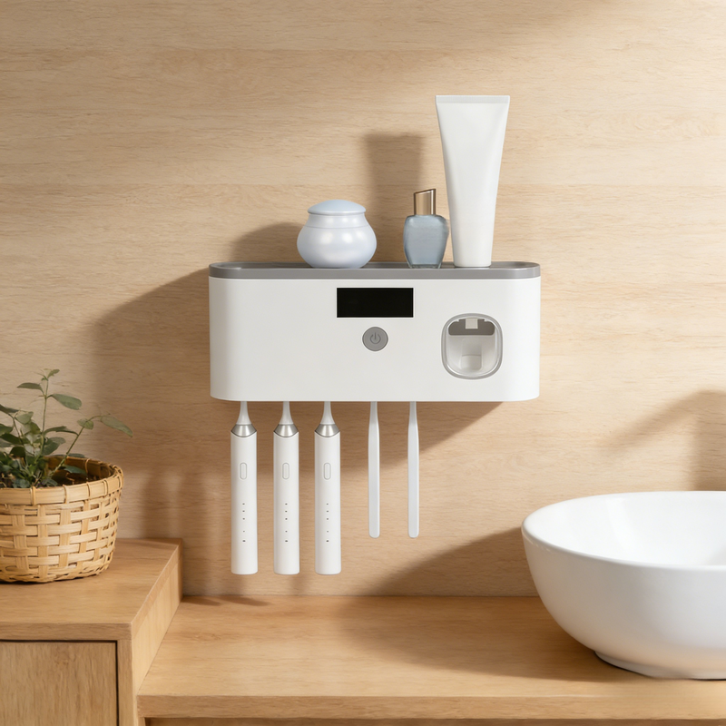 Wall-Mounted Punch-Free UV Toothbrush Sterilizer Rack, Multifunctional Bathroom Organizer