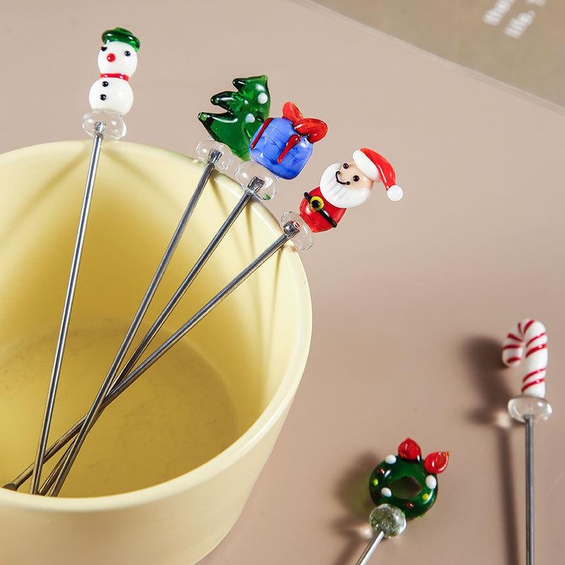 Christmas stainless steel handmade glazed cartoon 2-tooth fruit pick Santa Claus Christmas tree frui