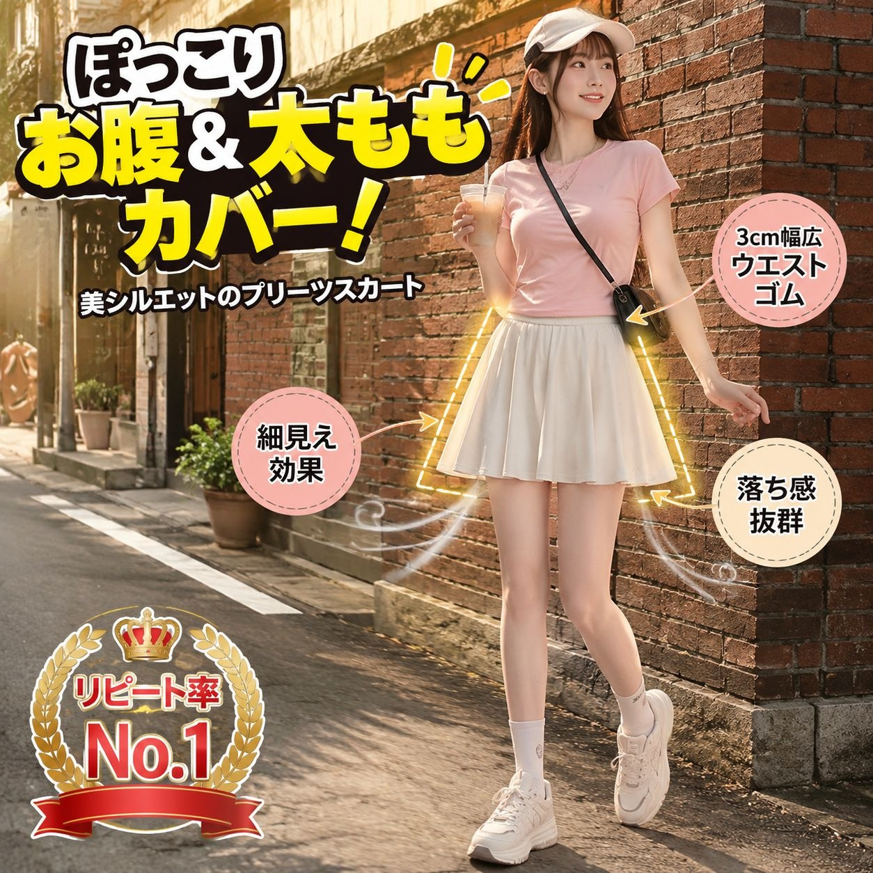 女性用ハイウエスト アイス感Aラインプリーツスカート ピンク 薄手タイプ