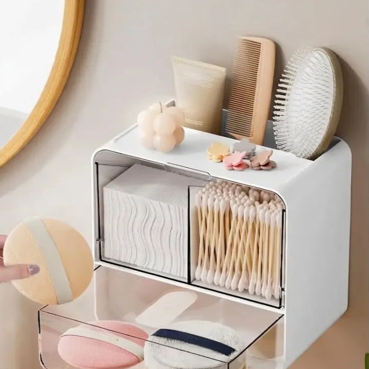 壁掛け式のバスルームミラーキャビネット収納ボックス。フェイスタオル、トイレ用綿棒、化粧品などを収納できます。