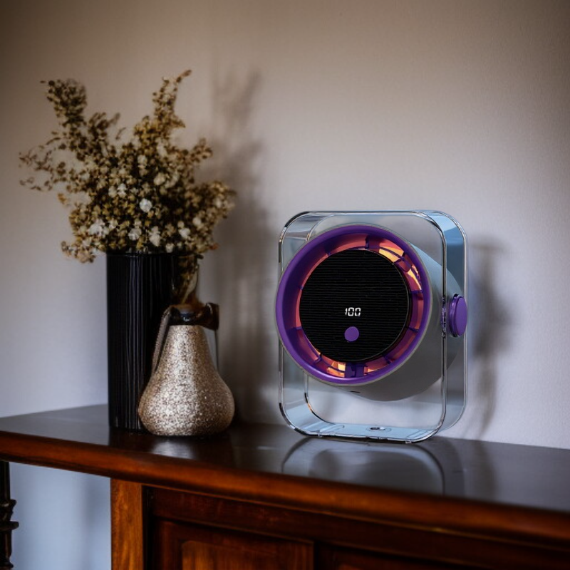 Wall-hanging windproof electric fan mounted in a modern kitchen