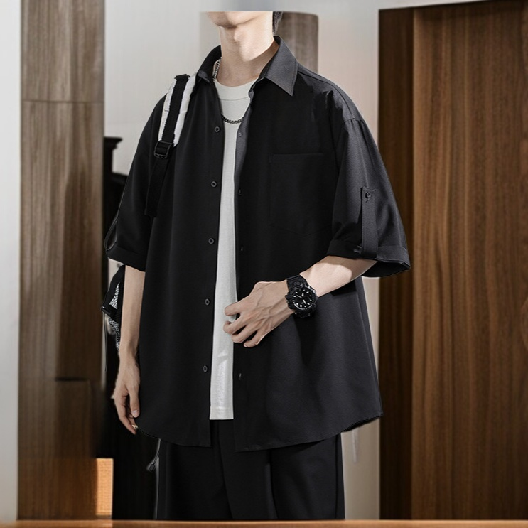 アイスドレープファッションシャツ 夏のルーズカップル薄手半袖シャツ タイドシャツ五分袖カジュアルシャツ