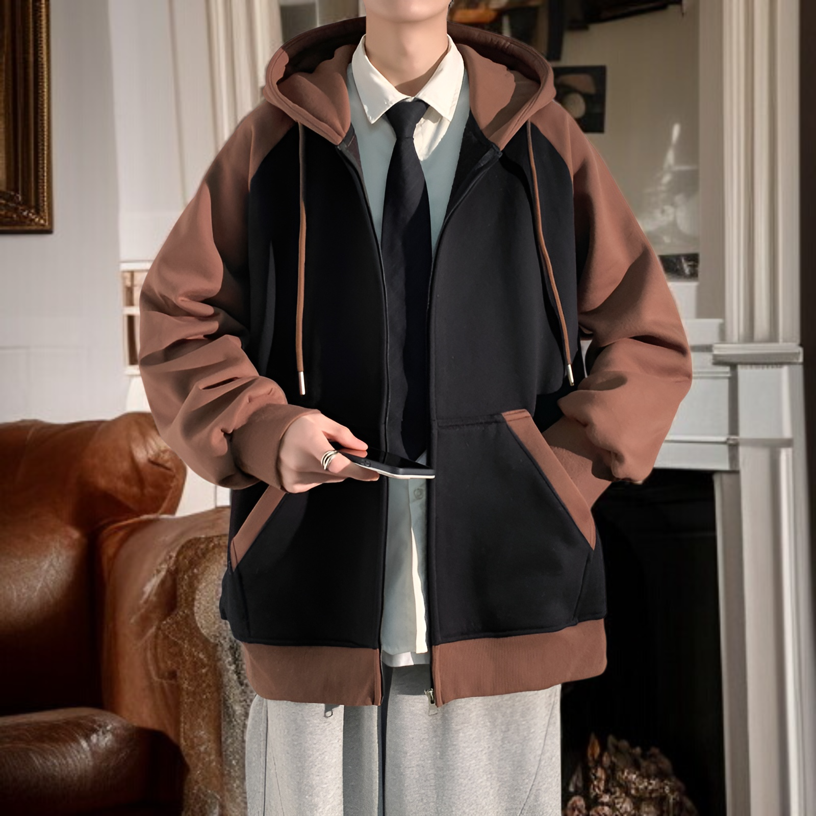 ヘビーステッチジッパーフード付きカーディガンセーター春と秋メンズトレンドルーズジャケットメンズカジュアルトップスジャケット