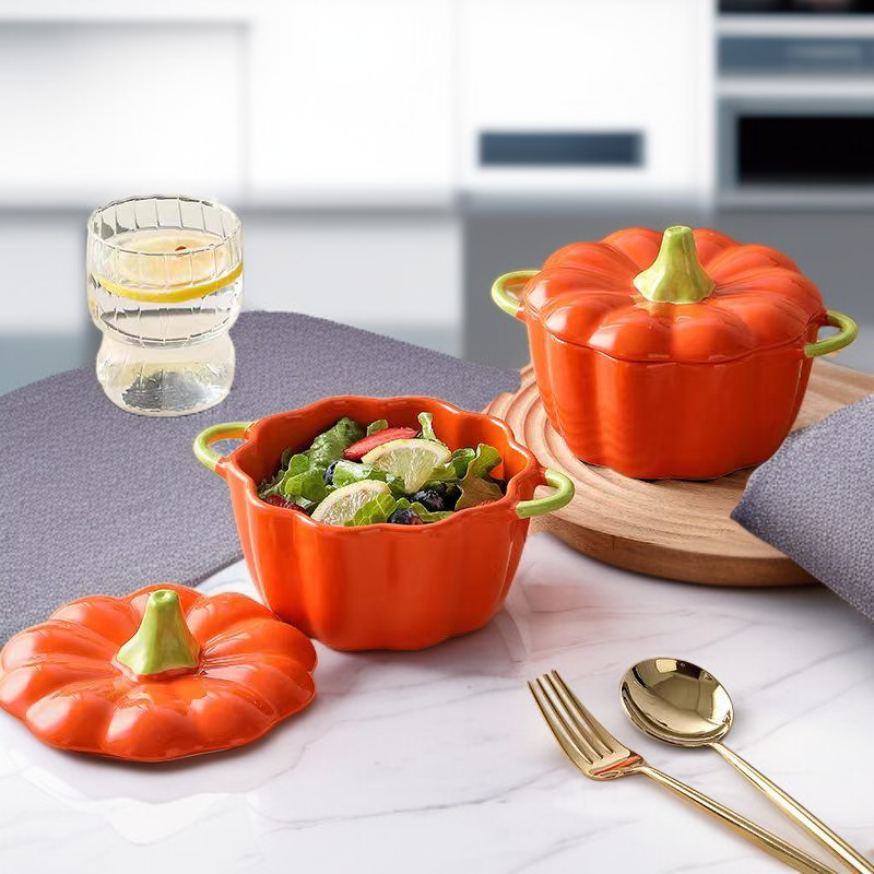 Calabaza con tapa y dos asas, cuenco de cerámica para sopa y arroz, color bajo vidriado