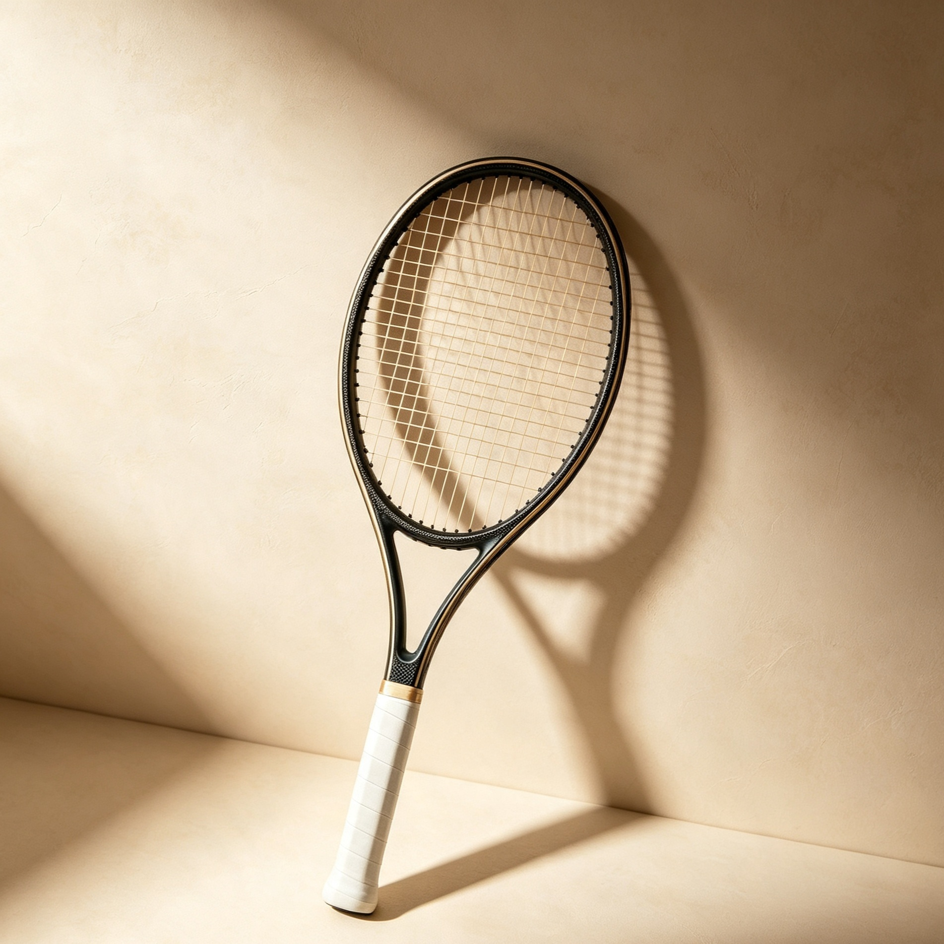 Vintage tennis racket with gold trim on court