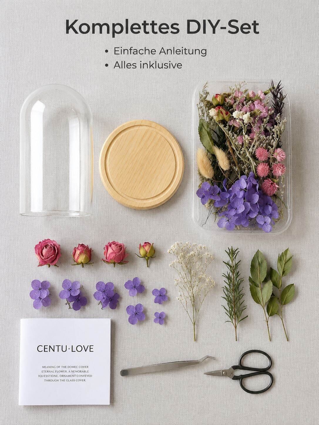 Bastelset mit konservierten Blumen, DIY-Blumenbox aus echten Blumen, Glaskuppel, Deko-Set für Zuhaus