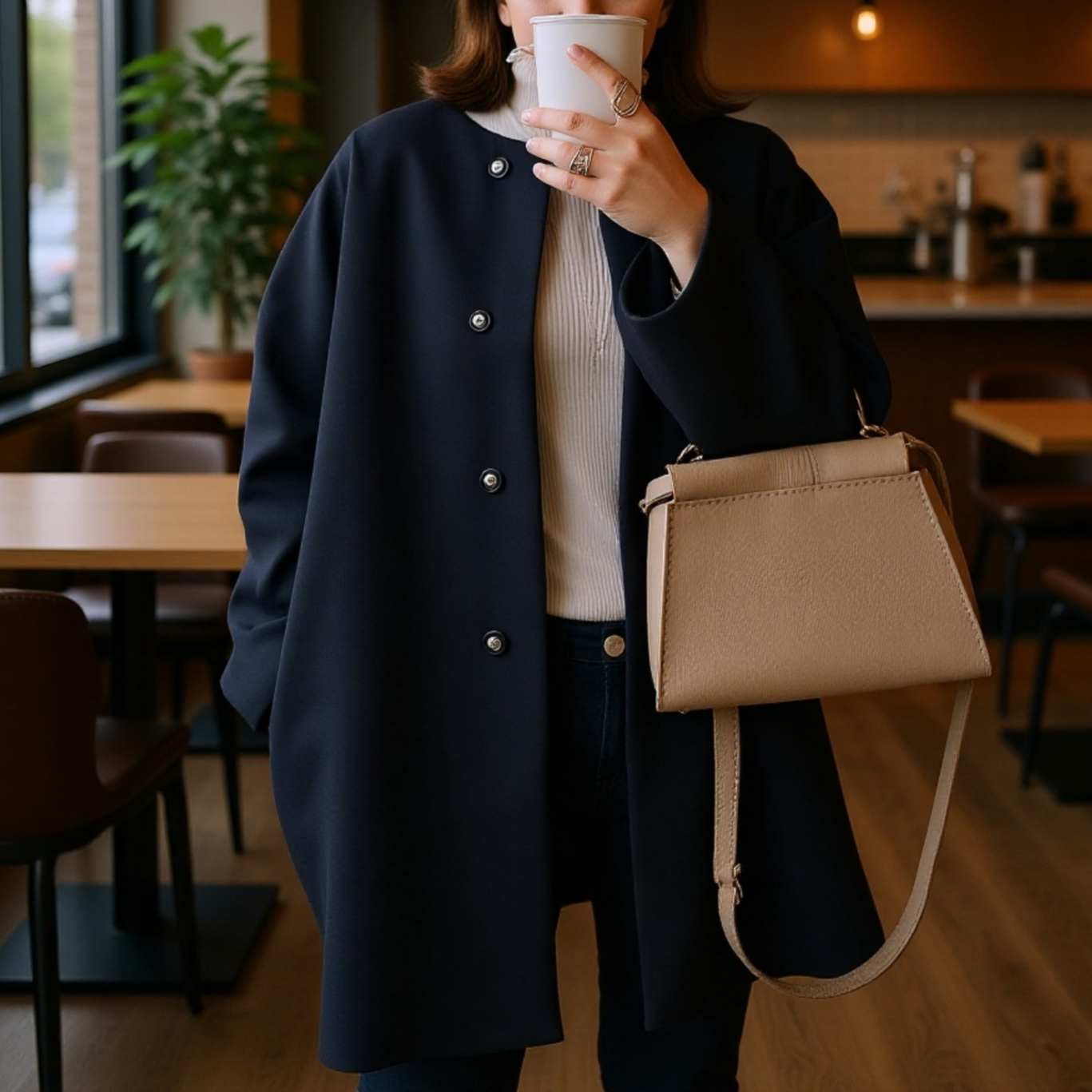 【Brelia-jp】上質なゆったりとした和風ストレートカットコート、レディース、秋冬、上品な無地、シンプルなウールオーバーコート。