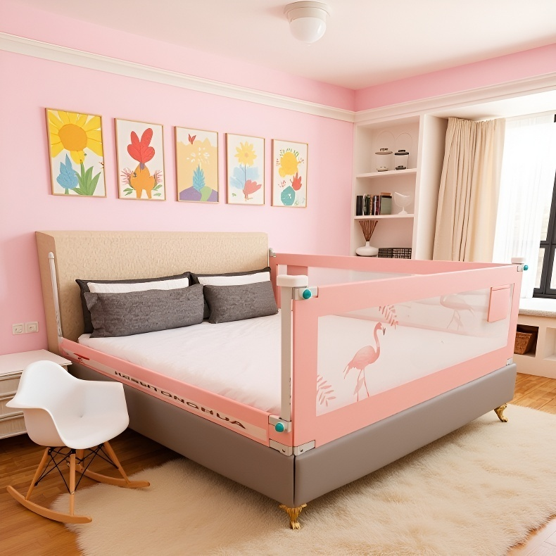 아기 침대 가드레일로 안전하게 보호받는 아기