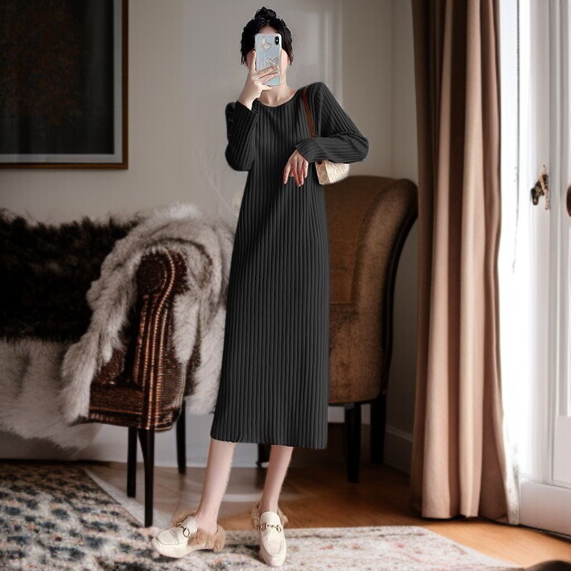 겨울 도톰 기모 레깅스 니트 원피스 슬릿 긴팔 라운드 이너 미디 일자 스커트
