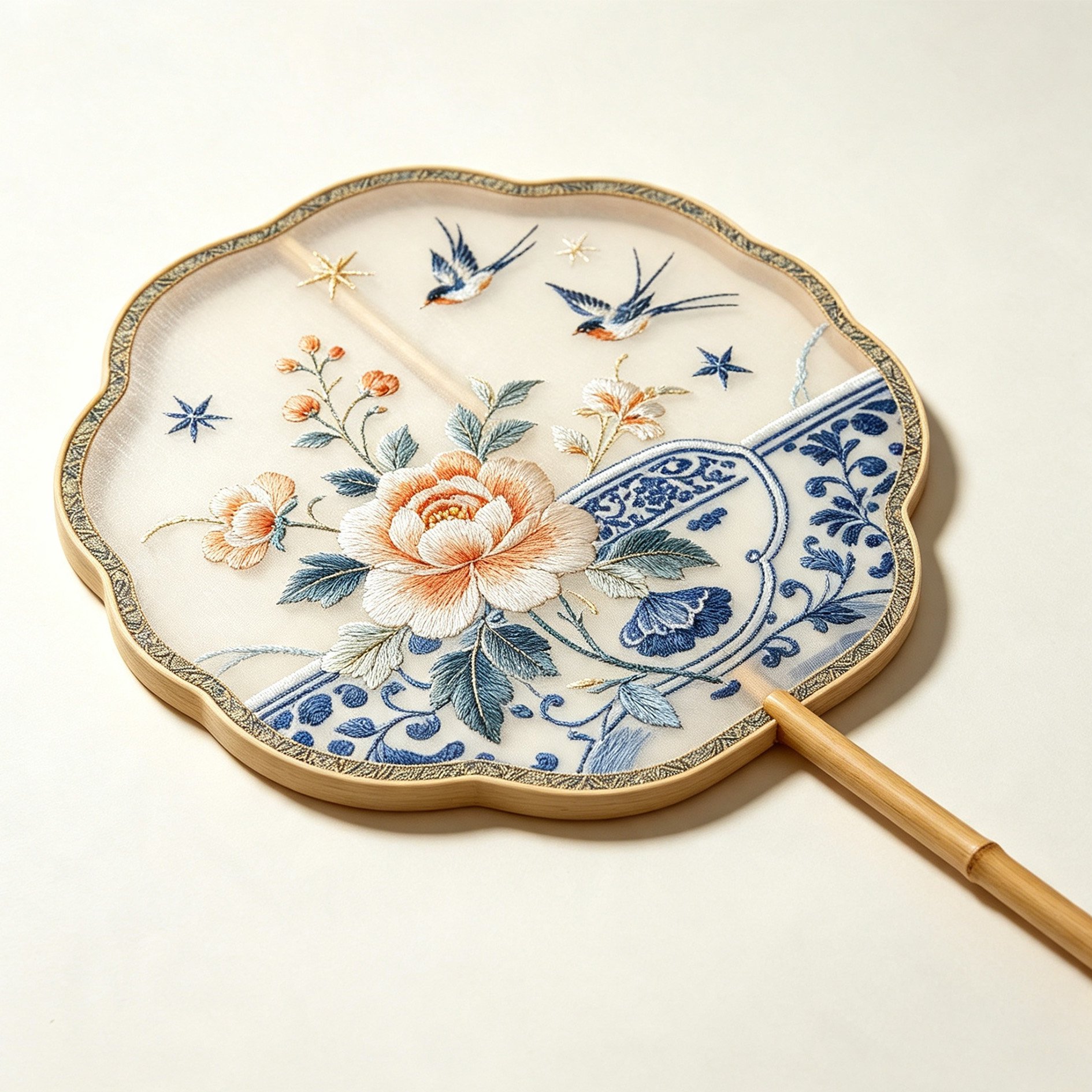 Traditional Chinese round fan with lotus artwork