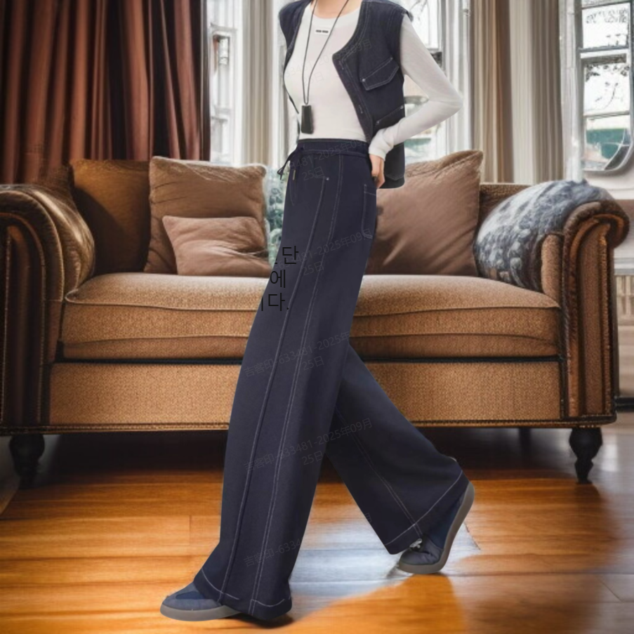 블루 요희 와이드 데님 팬츠 소프트 니트 스판 장미 와이드 데님 팬츠
