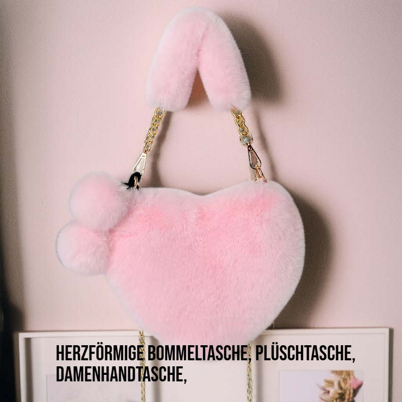 Damen Handtasche aus Plüsch mit Kette und Herzmotiv