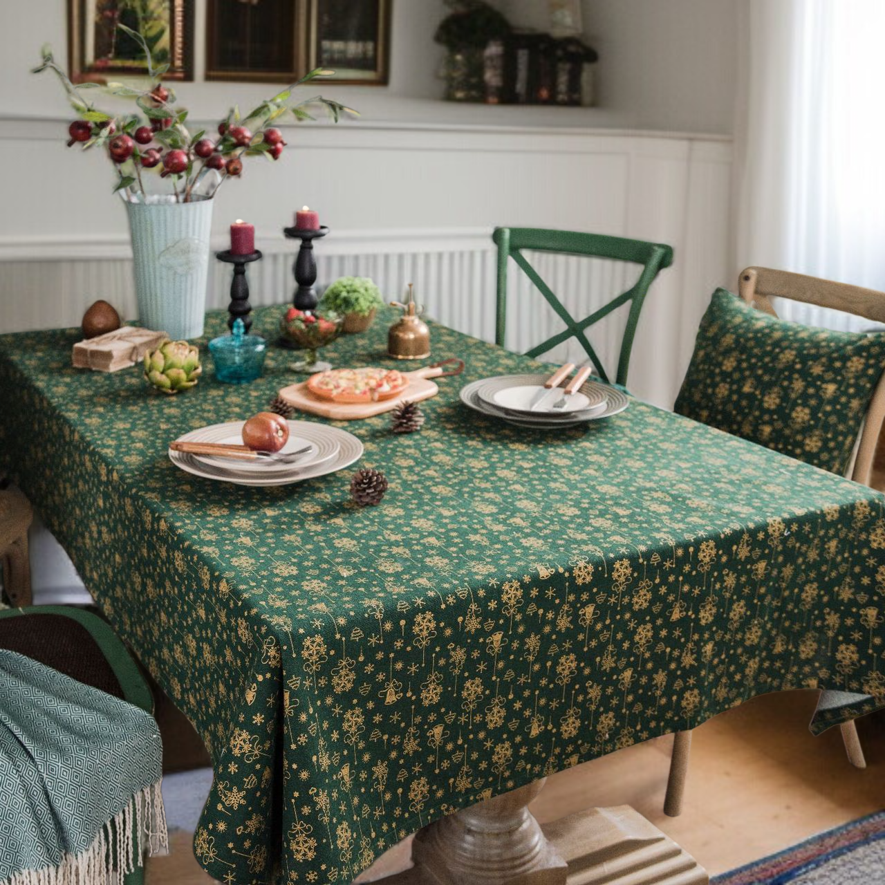 크리스마스 벨 눈송이 일본풍 면&린넨 테이블커버 프린트 직사각형